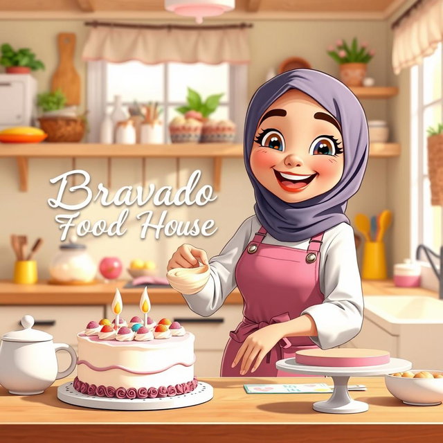 An animated scene featuring a beautiful hijabi girl joyfully making a cake in a lovely, bright kitchen