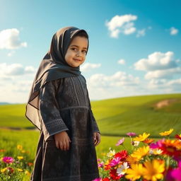 A serene landscape featuring a child wearing a full Islamic dress with intricate patterns, standing gracefully in the foreground