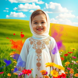 A serene landscape featuring a child wearing a full Islamic dress with intricate patterns, standing gracefully in the foreground