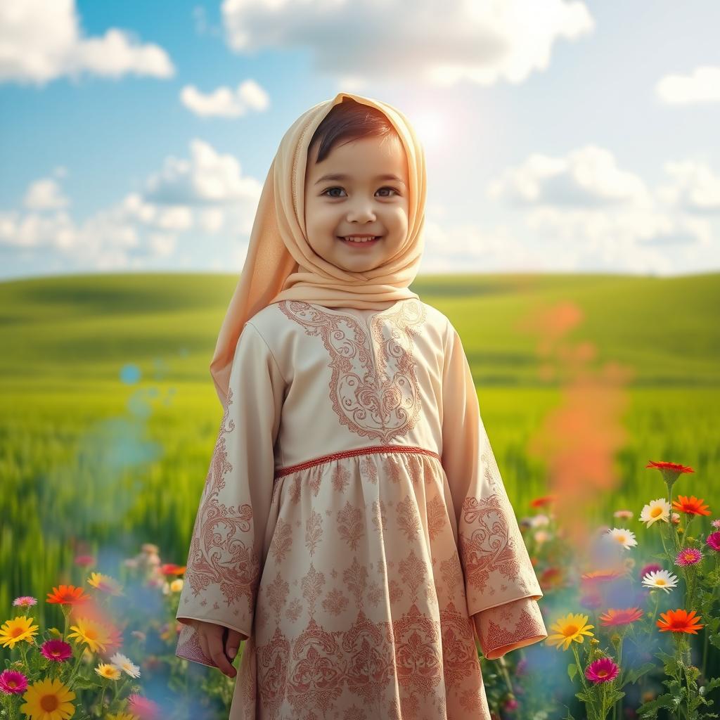 A serene landscape featuring a child wearing a full Islamic dress with intricate patterns, standing gracefully in the foreground