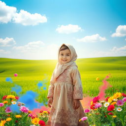 A serene landscape featuring a child wearing a full Islamic dress with intricate patterns, standing gracefully in the foreground