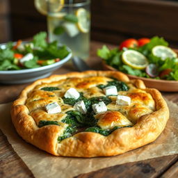Delicious spinach pie made with whole wheat dough, showcasing a golden brown crispy crust filled with vibrant green spinach and rich feta cheese, garnished with herbs