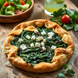 Delicious spinach pie made with whole wheat dough, showcasing a golden brown crispy crust filled with vibrant green spinach and rich feta cheese, garnished with herbs