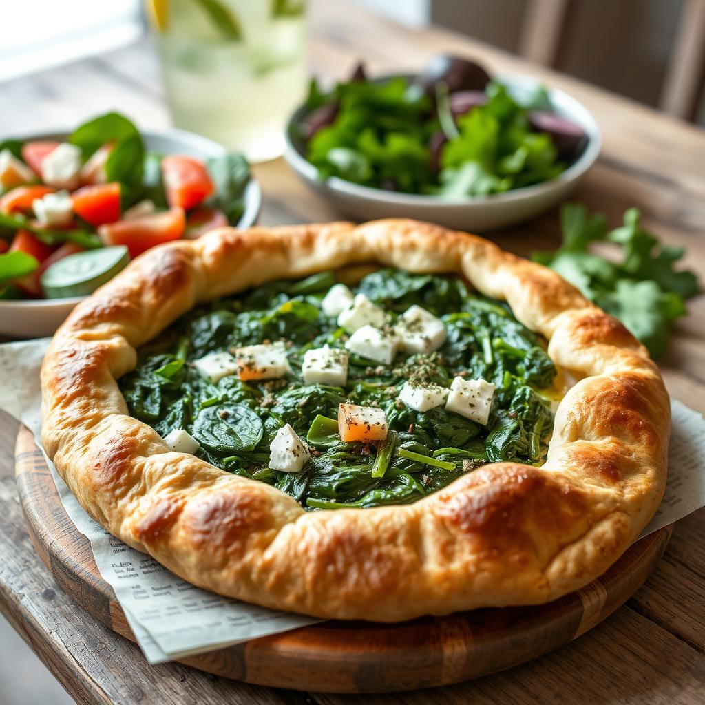 Delicious spinach pie made with whole wheat dough, showcasing a golden brown crispy crust filled with vibrant green spinach and rich feta cheese, garnished with herbs