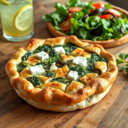 Delicious spinach pie made with whole wheat dough, showcasing a golden brown crispy crust filled with vibrant green spinach and rich feta cheese, garnished with herbs