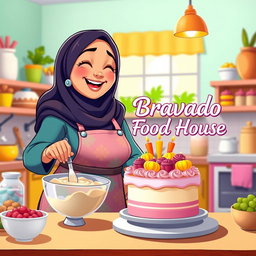 An animated scene featuring a beautiful, chubby hijabi woman joyfully making a cake in a vibrant kitchen