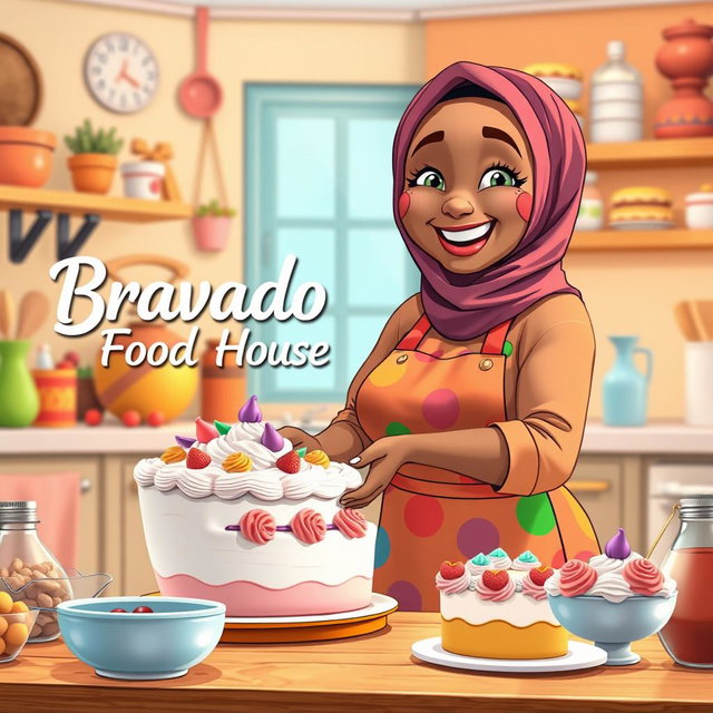 An animated scene featuring a beautiful, chubby hijabi woman joyfully making a cake in a vibrant kitchen