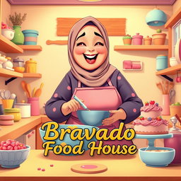 An animated scene featuring a beautiful, chubby hijabi woman joyfully making a cake in a vibrant kitchen