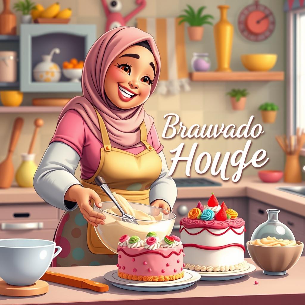 An animated scene featuring a beautiful, chubby hijabi woman joyfully making a cake in a vibrant kitchen