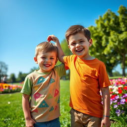 A heartwarming scene depicting two young boys sharing a moment of friendship