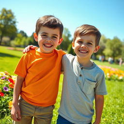 A heartwarming scene depicting two young boys sharing a moment of friendship