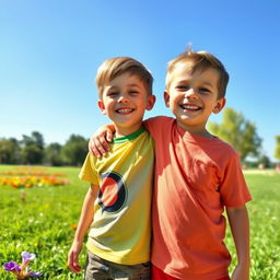 A heartwarming scene depicting two young boys sharing a moment of friendship