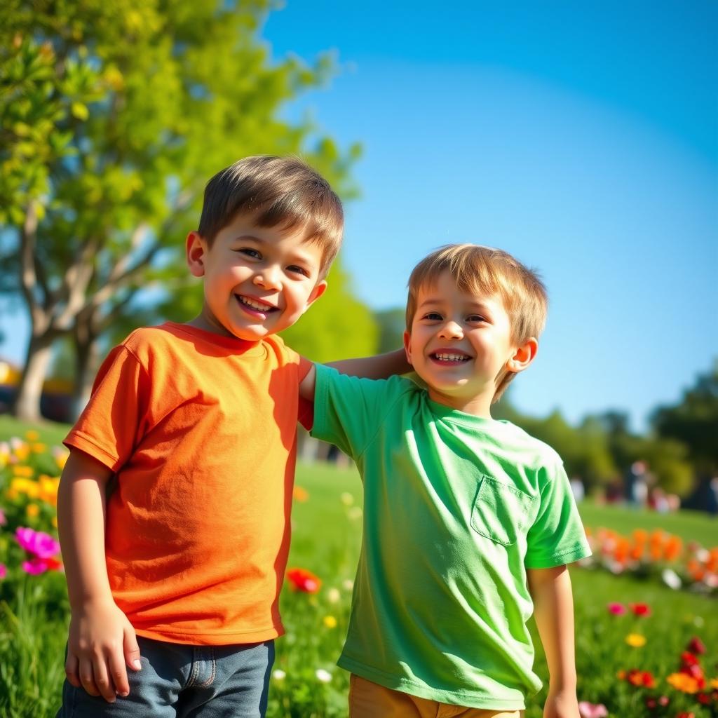 A heartwarming scene depicting two young boys sharing a moment of friendship