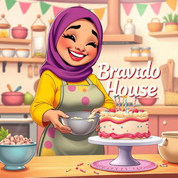 An animated scene featuring a beautiful, chubby hijabi woman joyfully making a cake in a vibrant and inviting kitchen