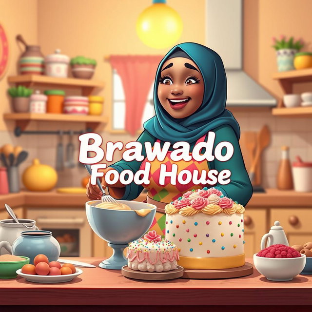 An animated scene featuring a beautiful, chubby hijabi woman joyfully making a cake in a vibrant and inviting kitchen