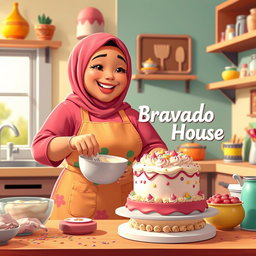 An animated scene featuring a beautiful, chubby hijabi woman joyfully making a cake in a vibrant and inviting kitchen