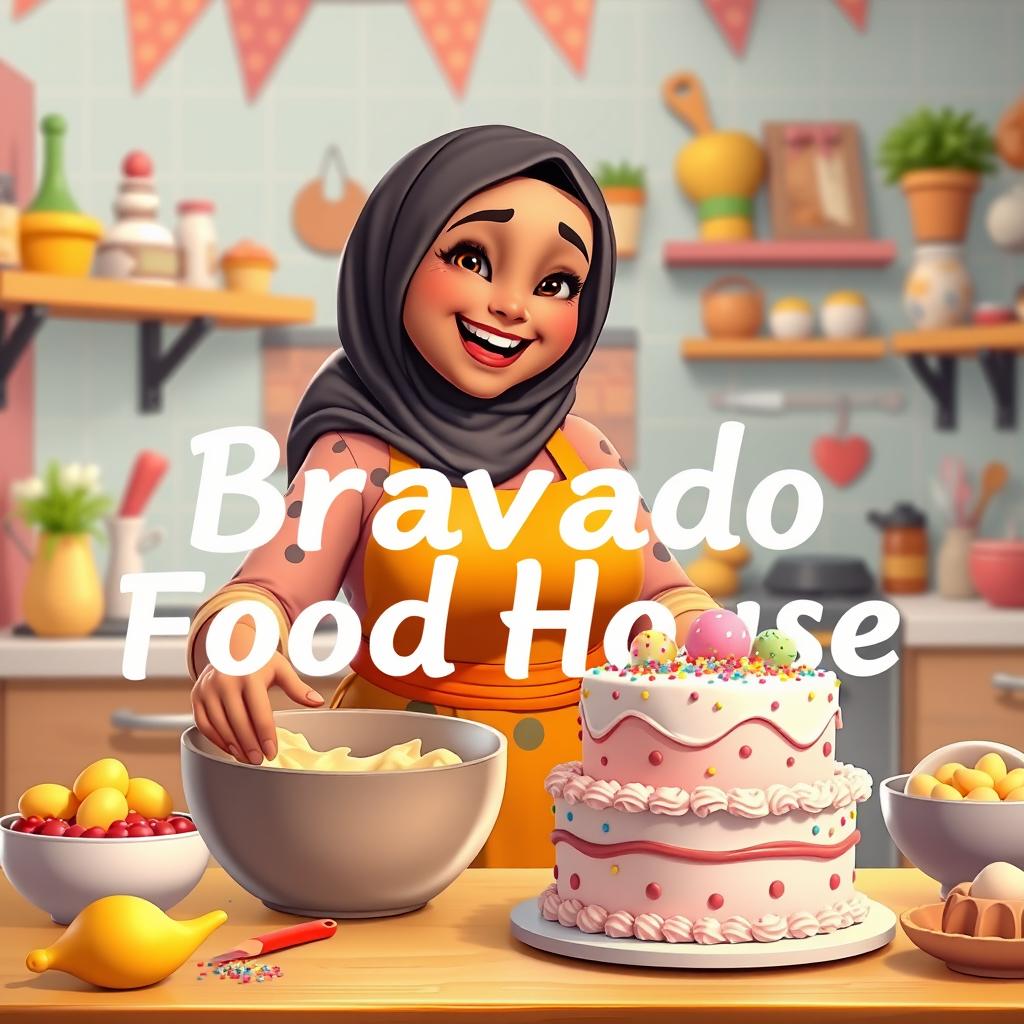 An animated scene featuring a beautiful, chubby hijabi woman joyfully making a cake in a vibrant and inviting kitchen