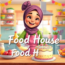 An animated scene featuring a beautiful, chubby hijabi girl happily making a cake in a bright and colorful kitchen