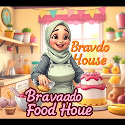 An animated scene featuring a beautiful, chubby hijabi girl happily making a cake in a bright and colorful kitchen