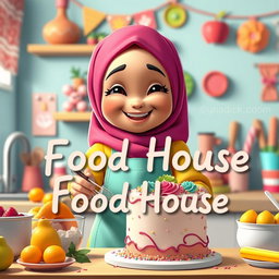 An animated scene featuring a beautiful, chubby hijabi girl happily making a cake in a bright and colorful kitchen
