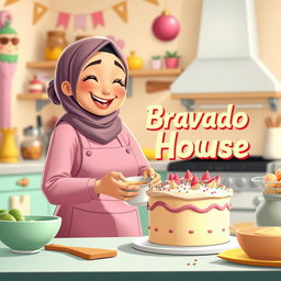 An animated scene featuring a beautiful, chubby hijabi girl happily making a cake in a bright and colorful kitchen