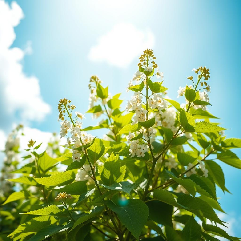 A vibrant and inspiring image of the Moringa bouder plant in full bloom, showcasing its lush, green leaves and delicate white flower clusters