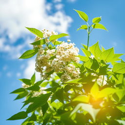 A vibrant and inspiring image of the Moringa bouder plant in full bloom, showcasing its lush, green leaves and delicate white flower clusters