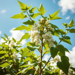 A vibrant and inspiring image of the Moringa bouder plant in full bloom, showcasing its lush, green leaves and delicate white flower clusters