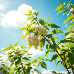 A vibrant and inspiring image of the Moringa bouder plant in full bloom, showcasing its lush, green leaves and delicate white flower clusters