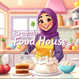 An animated scene showcasing a beautiful, chubby hijabi girl happily making a cake in a bright, cheerful kitchen