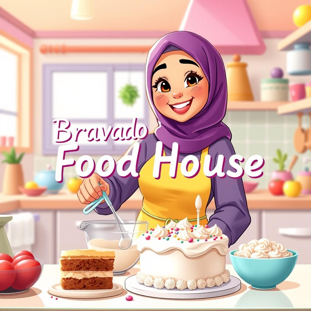 An animated scene showcasing a beautiful, chubby hijabi girl happily making a cake in a bright, cheerful kitchen