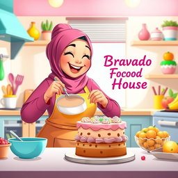 An animated scene showcasing a beautiful, chubby hijabi girl happily making a cake in a bright, cheerful kitchen
