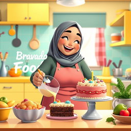 An animated scene showcasing a beautiful, chubby hijabi girl happily making a cake in a bright, cheerful kitchen