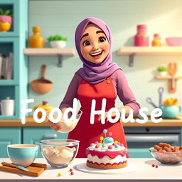 An animated scene showcasing a beautiful, chubby hijabi girl happily making a cake in a bright, cheerful kitchen