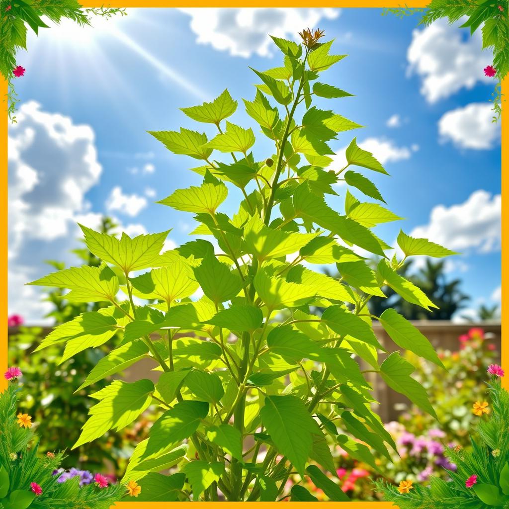 A lush, vibrant moringa plant growing in a sunny outdoor garden, featuring its distinctive green leaves and unique long seed pods