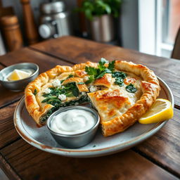 A beautifully plated dish of spanakopita, featuring flaky whole wheat pastry filled with a rich, vibrant spinach and feta cheese mixture