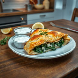 A beautifully plated dish of spanakopita, featuring flaky whole wheat pastry filled with a rich, vibrant spinach and feta cheese mixture