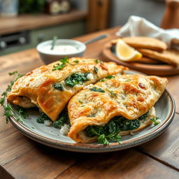 A beautifully plated dish of spanakopita, featuring flaky whole wheat pastry filled with a rich, vibrant spinach and feta cheese mixture