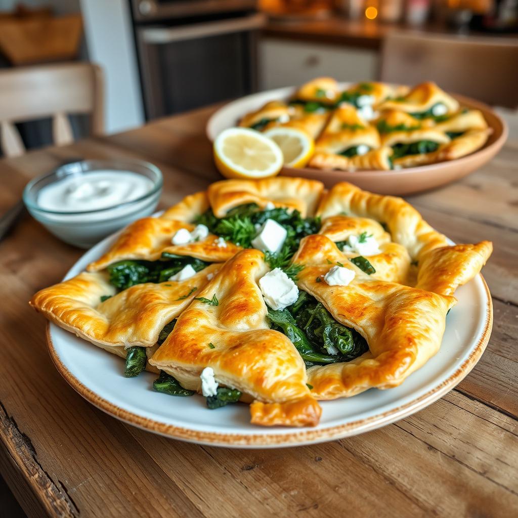 A beautifully plated dish of spanakopita, featuring flaky whole wheat pastry filled with a rich, vibrant spinach and feta cheese mixture