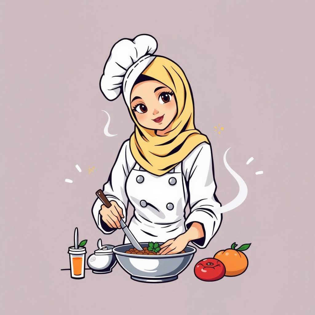 A charming and vibrant animated scene featuring a beautiful hijabi girl, with a round figure, joyfully making a cake in a cozy kitchen