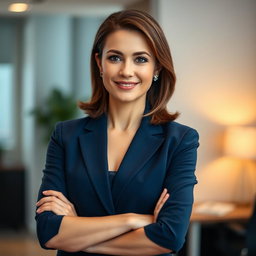 A formal portrait of a confident professional woman in a tailored navy blue suit, standing with her arms crossed and a slight smile