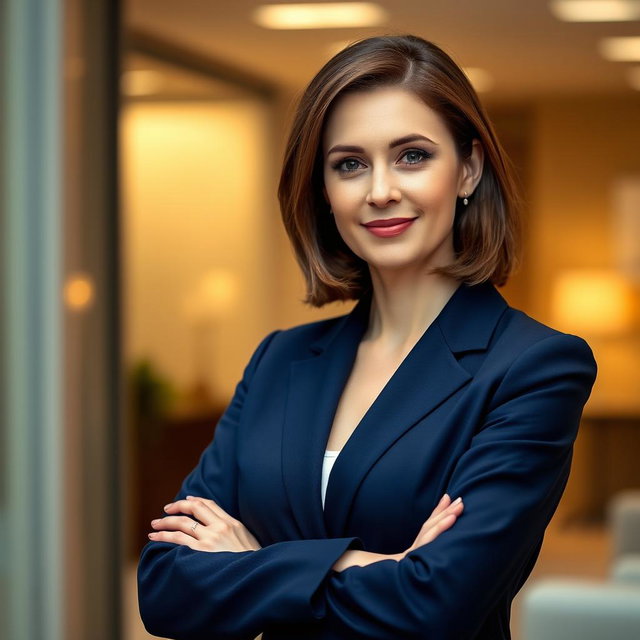A formal portrait of a confident professional woman in a tailored navy blue suit, standing with her arms crossed and a slight smile