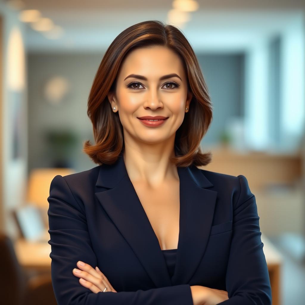 A formal portrait of a confident professional woman in a tailored navy blue suit, standing with her arms crossed and a slight smile