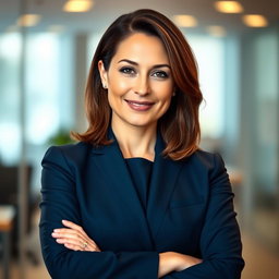 A formal portrait of a confident professional woman in a tailored navy blue suit, standing with her arms crossed and a slight smile