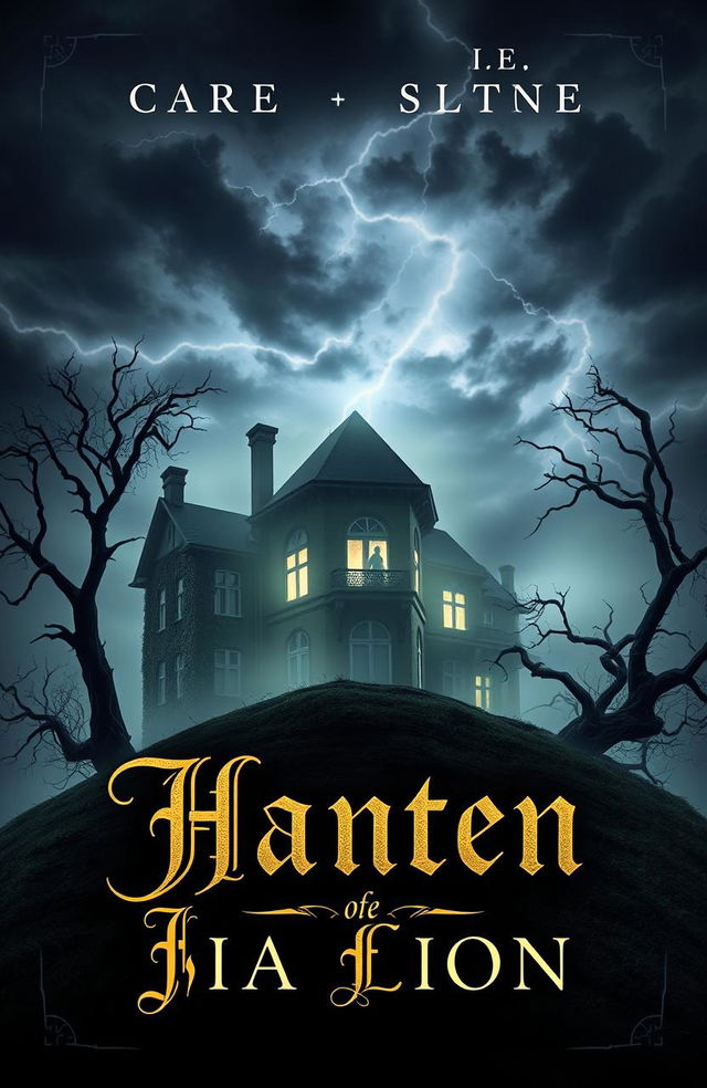 A captivating book cover design featuring a haunted, eerie mansion set on a foggy hilltop