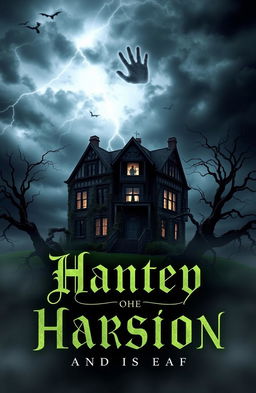 A captivating book cover design featuring a haunted, eerie mansion set on a foggy hilltop