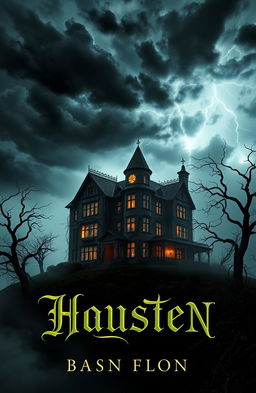 A captivating book cover design featuring a haunted, eerie mansion set on a foggy hilltop