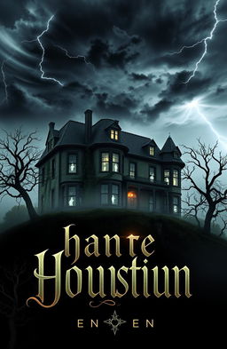 A captivating book cover design featuring a haunted, eerie mansion set on a foggy hilltop