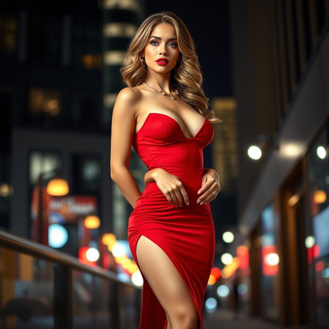 A stunning woman in a sexy, form-fitting red dress that accentuates her curves, showcasing her confidence and allure