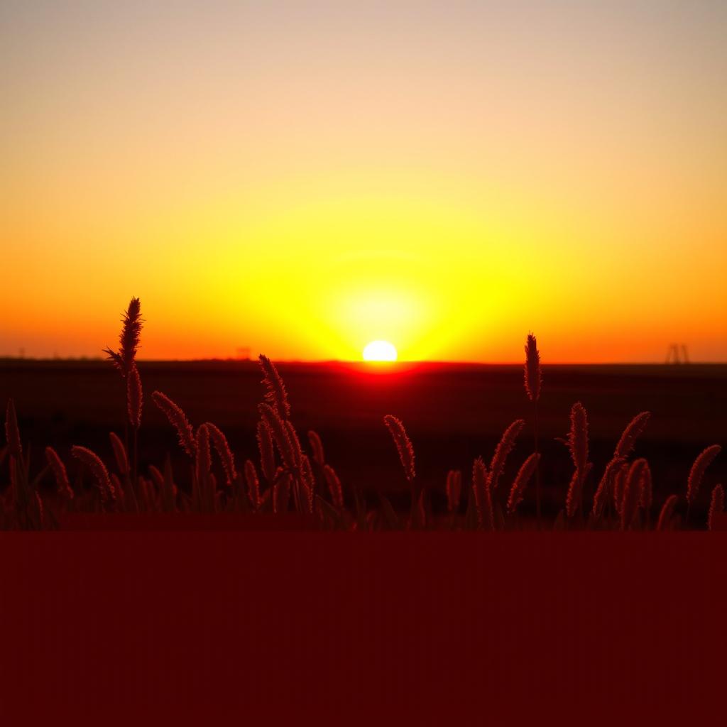 A photo featuring a vibrant sunset over a serene landscape, with the sun halfway dipped below the horizon casting warm golden and orange hues across the sky